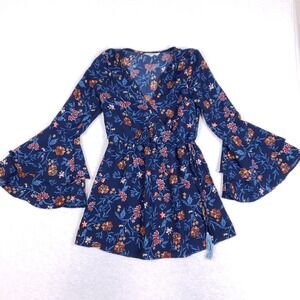 Hint Of Blush Bell Sleeve Floral Blouse Women‎ S Boho Chiffon Blue Festival